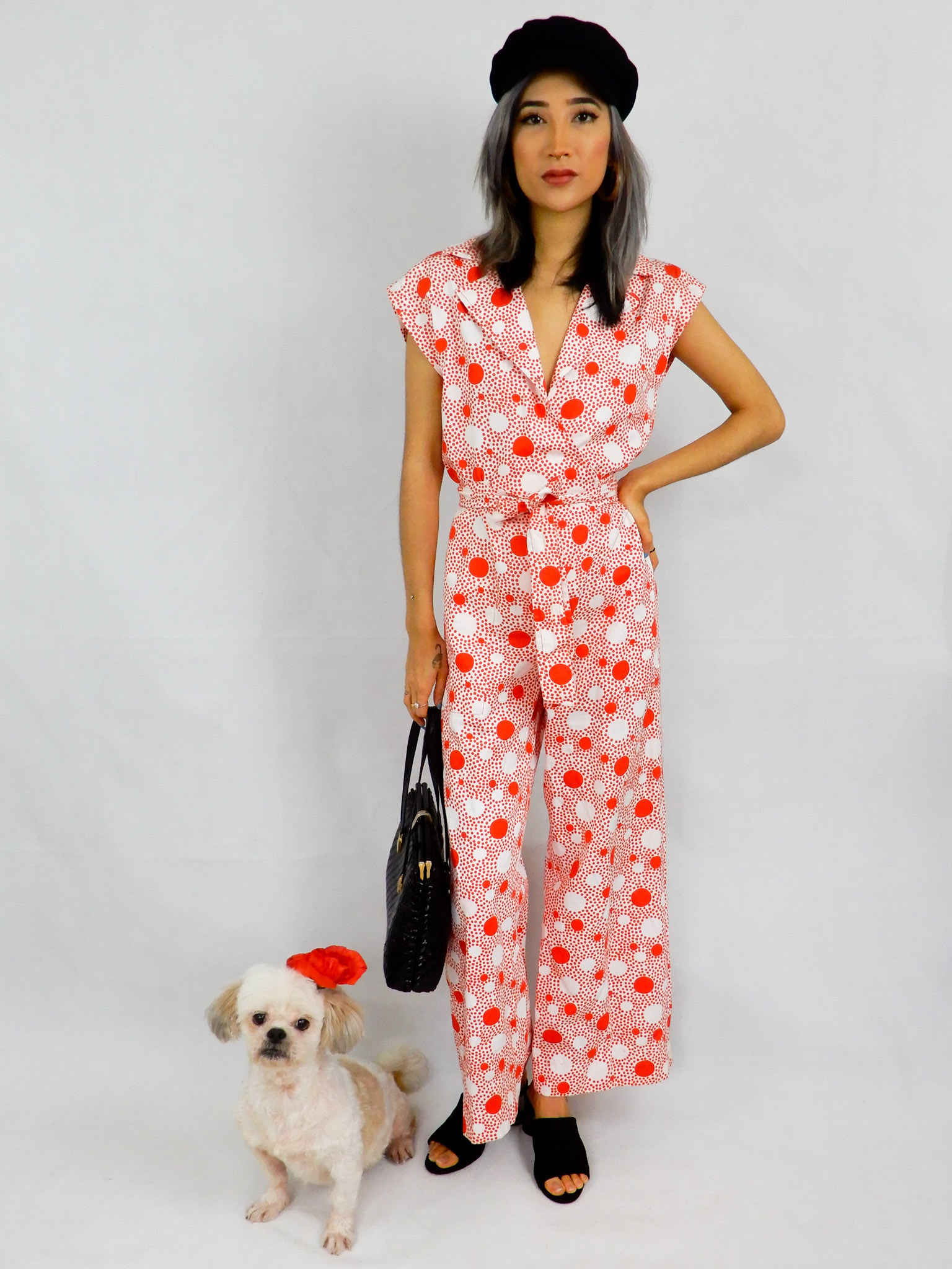 red polka dot jumpsuit